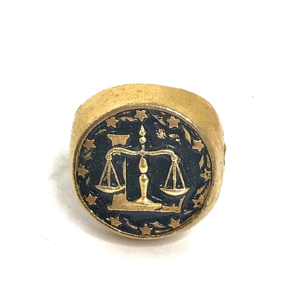Vintage Jewelry - Libra Ring Adjustable Gold Brass Tone Black Scales